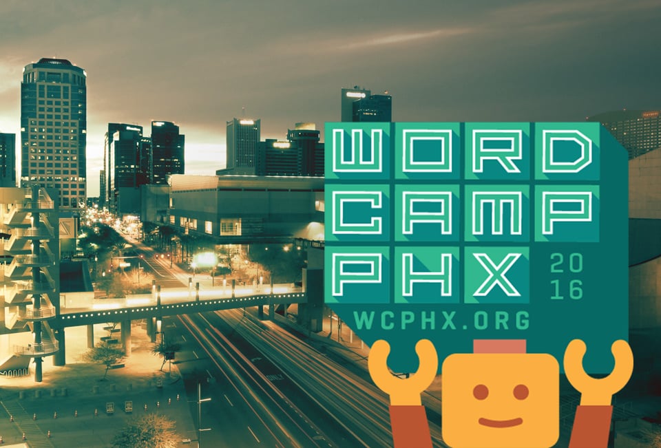Downtown Phoenix Arizona with WordCamp logo