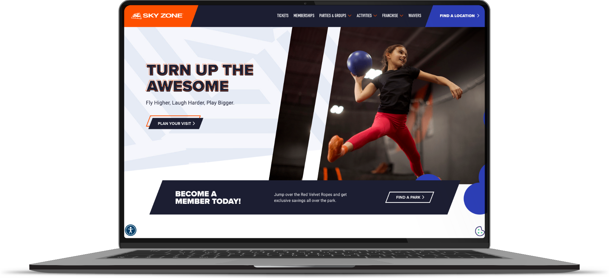 Sky Zone home page on a laptop